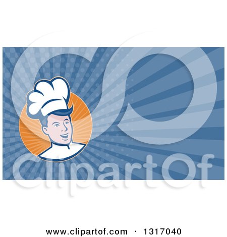 Clipart of a Retro Male Chef in a Circle of Sunshine and Blue Rays Background or Business Card Design - Royalty Free Illustration by patrimonio