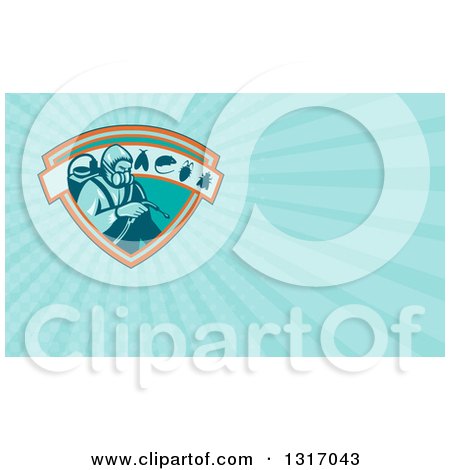Clipart of a Retro Exterminator Pest Control Worker Using Spray on a Shield with a Rat Mouse Fly and Cockroach and Blue Rays Background or Business Card Design - Royalty Free Illustration by patrimonio