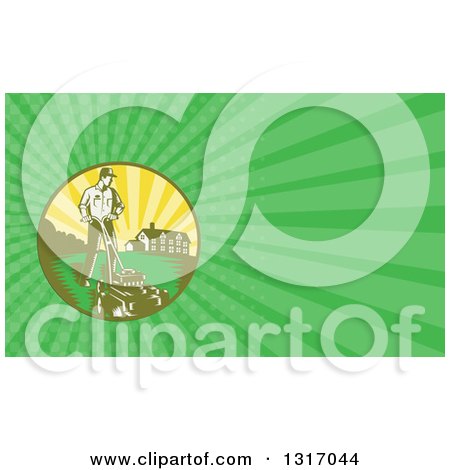 Clipart of a Retro Landscaper Mowing a Lawn near a House and Green Rays Background or Business Card Design - Royalty Free Illustration by patrimonio