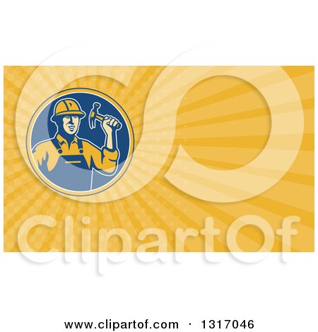 Clipart of a Retro Male Builder Construction Worker Holding a Hammer and Yellow Rays Background or Business Card Design - Royalty Free Illustration by patrimonio