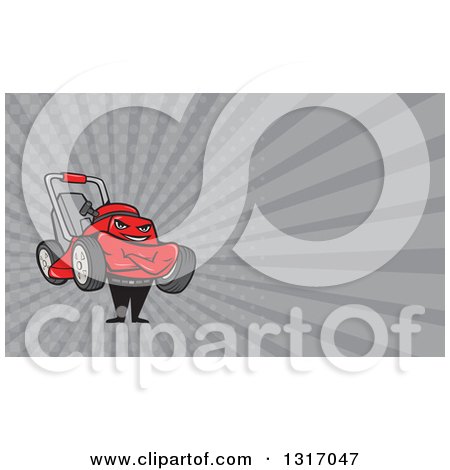Clipart of a Cartoon Lawn Mower Man with Folded Arms and Rays Background or Business Card Design - Royalty Free Illustration by patrimonio