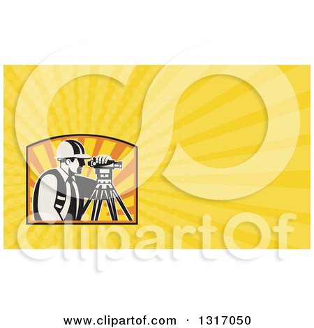 Clipart of a Retro Surveyor Using a Theodolite and Yellow Rays Background or Business Card Design - Royalty Free Illustration by patrimonio