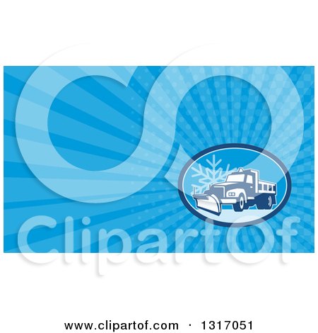 Clipart of a Retro Snow Plow Truck on a Road with a Snowflake and Blue Rays Background or Business Card Design - Royalty Free Illustration by patrimonio