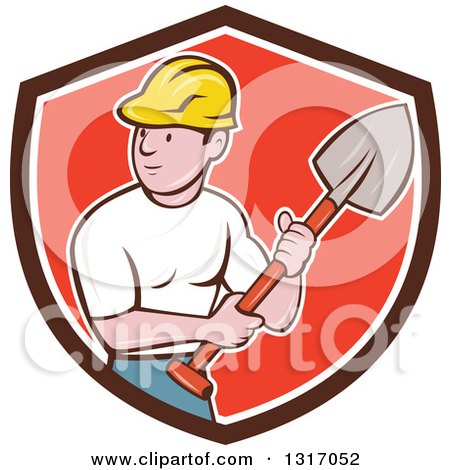 Clipart of a Cartoon White Male Construction Worker Builder Holding a Shovel in a Brown White and Red Shield - Royalty Free Vector Illustration by patrimonio