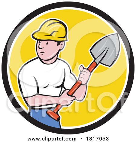 Clipart of a Cartoon White Male Construction Worker Builder Holding a Shovel in a Black White and Yellow Circle - Royalty Free Vector Illustration by patrimonio