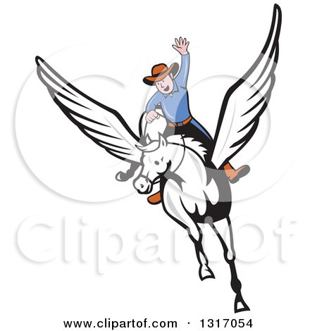Clipart of a Cartoon White Male Cowboy Riding a Winged Pegasus Horse - Royalty Free Vector Illustration by patrimonio