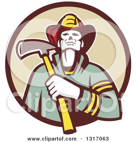 Clipart of a Retro Fireman Holding an Axe in a Brown and Tan Circle - Royalty Free Vector Illustration by patrimonio