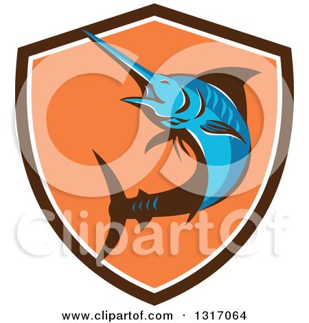 Clipart of a Retro Blue Marlin Fish in a Brown White and Orange Shield - Royalty Free Vector Illustration by patrimonio