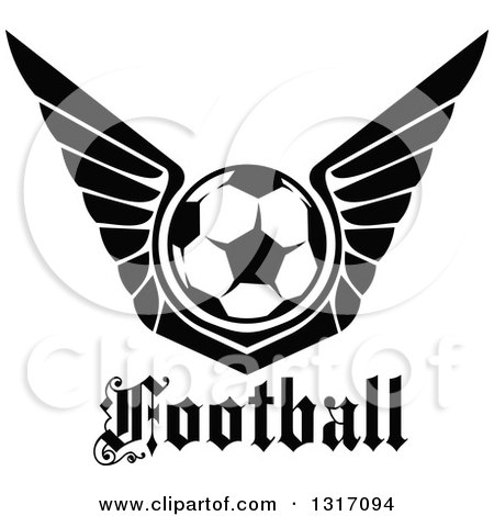 Clipart of a Black and White Soccer Ball with Wings over Text - Royalty Free Vector Illustration by Vector Tradition SM