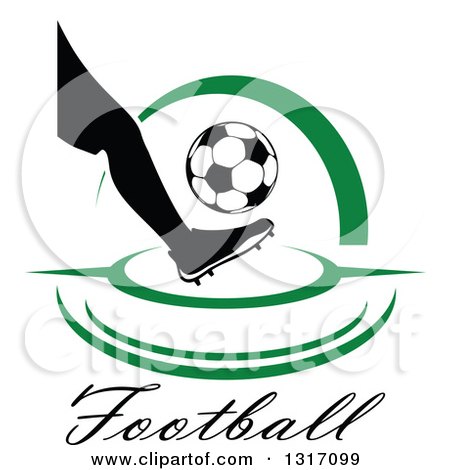 Clipart of a Soccer Ball Player's Foot Kicking a Ball, with Green Swooshes over Text - Royalty Free Vector Illustration by Vector Tradition SM