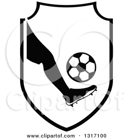 Clipart of a Black and White Soccer Ball Player's Foot Kicking a Ball in a Shield - Royalty Free Vector Illustration by Vector Tradition SM