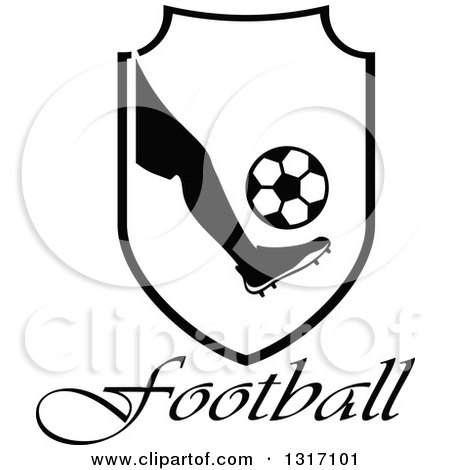 Clipart of a Black and White Soccer Ball Player's Foot Kicking a Ball in a Shield over Text - Royalty Free Vector Illustration by Vector Tradition SM