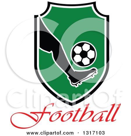 Clipart of a Soccer Ball Player's Foot Kicking a Ball in a Shield over Text - Royalty Free Vector Illustration by Vector Tradition SM