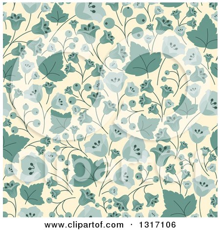 Clipart of a Seamless Background Pattern of Vintage Blue Bellflowers with Berries and Leaves on Pastel Yellow - Royalty Free Vector Illustration by Vector Tradition SM