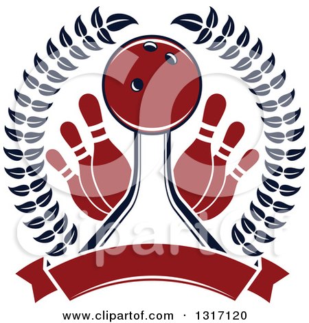 Clipart of a Red Bowling Ball in a Lane with Pins Inside a Laurel Wreath with a Blank Banner - Royalty Free Vector Illustration by Vector Tradition SM