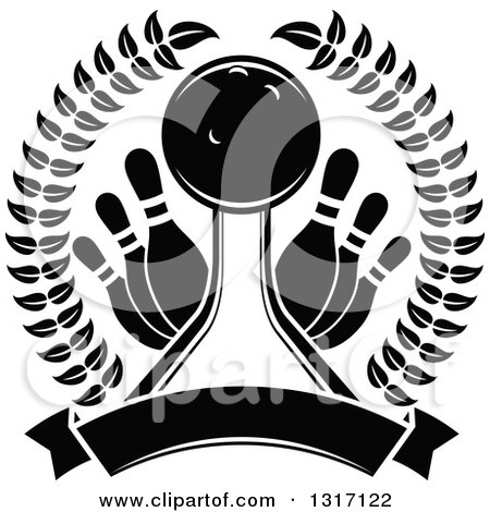Clipart of a Black and White Bowling Ball in a Lane with Pins Inside a Laurel Wreath with a Blank Banner - Royalty Free Vector Illustration by Vector Tradition SM