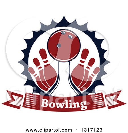 Clipart of a Red Bowling Ball in a Lane with Pins Inside a Burst Circle with a Text Banner - Royalty Free Vector Illustration by Vector Tradition SM