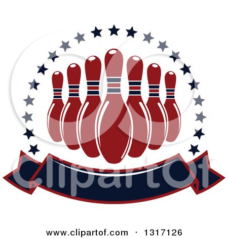 Clipart of Red Bowling Pins in a Circle of Stars Above a Blank Banner - Royalty Free Vector Illustration by Vector Tradition SM