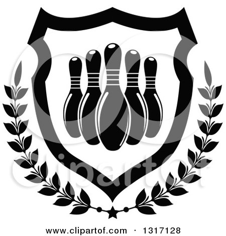 Clipart of Black and White Bowling Pins in a Shield with a Star and Laurel Branches - Royalty Free Vector Illustration by Vector Tradition SM