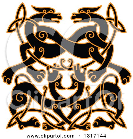 Clipart of a Black and Orange Celtic Knot Wolf or Dog Design - Royalty Free Vector Illustration by Vector Tradition SM