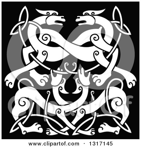 Clipart of a White Celtic Knot Wolf or Dog Design over Black - Royalty Free Vector Illustration by Vector Tradition SM