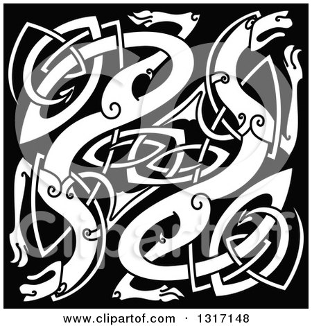 Clipart of White Celtic Knot Dragons on Black - Royalty Free Vector Illustration by Vector Tradition SM
