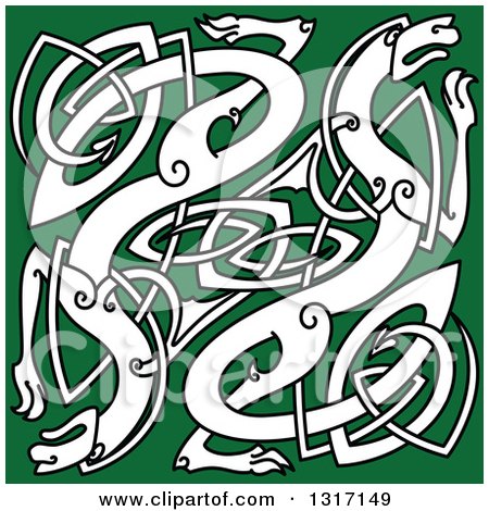 Clipart of White Celtic Knot Dragons on Green - Royalty Free Vector Illustration by Vector Tradition SM