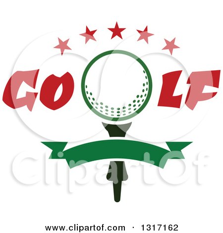 Clipart of a Golf Ball on a Tee with Text, Stars and a Blank Green Banner - Royalty Free Vector Illustration by Vector Tradition SM