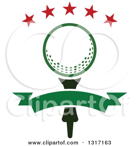 Clipart of a Golf Ball on a Tee Under Stars, with a Blank Green Banner - Royalty Free Vector Illustration by Vector Tradition SM