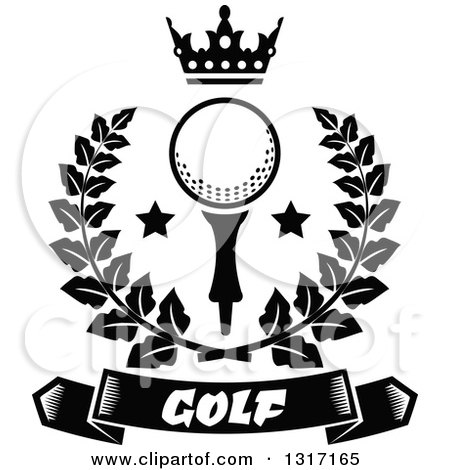 Clipart of a Black and White Crown Above a Golf Ball with Stars in a Green Wreath over a Text Banner - Royalty Free Vector Illustration by Vector Tradition SM