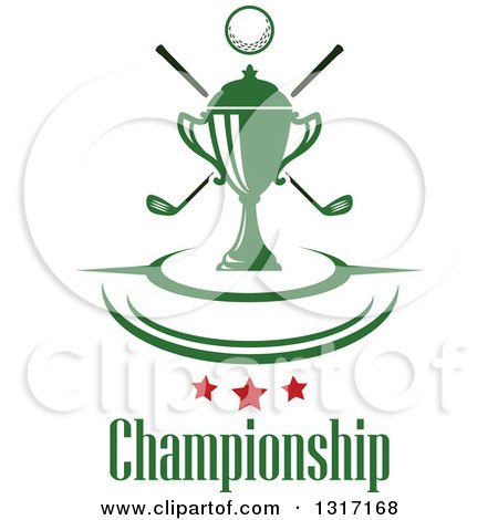 Clipart of a Golf Ball, Green Trophy and Crossed Clubs with Curves over Stars and Text - Royalty Free Vector Illustration by Vector Tradition SM
