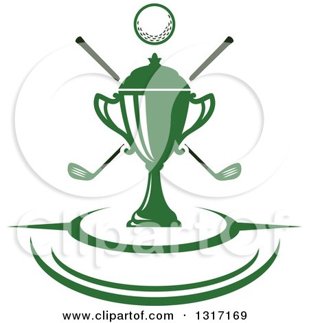 Clipart of a Golf Ball, Green Trophy and Crossed Clubs with Curves - Royalty Free Vector Illustration by Vector Tradition SM