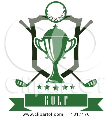 Clipart of a Golf Ball, Green Trophy and Crossed Clubs with a Shield, Stars and Text Banner - Royalty Free Vector Illustration by Vector Tradition SM