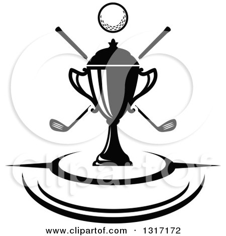 Clipart of a Black and White Golf Ball, Green Trophy and Crossed Clubs with Curves - Royalty Free Vector Illustration by Vector Tradition SM