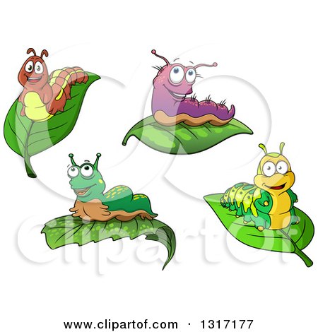 Clipart of Cartoon Caterpillars on Leaves - Royalty Free Vector Illustration by Vector Tradition SM