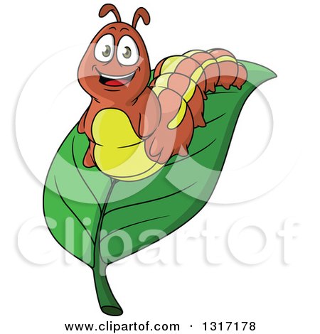 Clipart of a Cartoon Brown Caterpillar on a Leaf - Royalty Free Vector Illustration by Vector Tradition SM