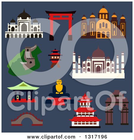 Clipart of Flat Design Famous Landmarks and Buildings of China, India, Greece, France, and Japan on Blue - Royalty Free Vector Illustration by Vector Tradition SM