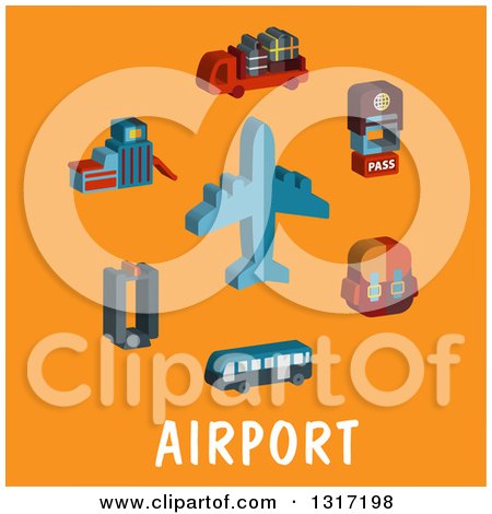 Clipart of a Flat Design Airplane with Travel Items over Text on Orange - Royalty Free Vector Illustration by Vector Tradition SM