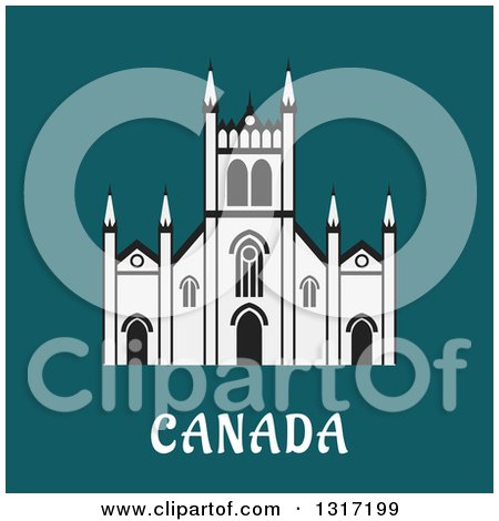 Clipart of a Flat Design Canadian Gothic Temple Landmark over Text on Turquoise - Royalty Free Vector Illustration by Vector Tradition SM