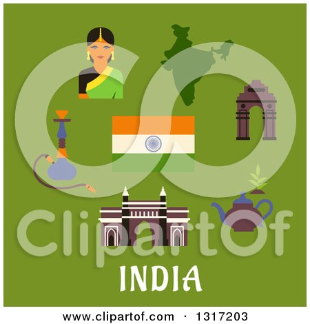 Clipart of Flat Design Indian Culture and Travel Landmarks, Woman , National Flag, Pot of Tea and a Hookah Pipe with Text on Green - Royalty Free Vector Illustration by Vector Tradition SM