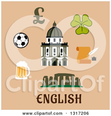 Clipart of a Flat Design Great Britain Historical and Cultural Travel Items, Stonehenge, St Paul's Cathedral, Pound Sterling Sign, Football Ball, Ale Mug, Scroll with Feather and Clover Leaf - Royalty Free Vector Illustration by Vector Tradition SM