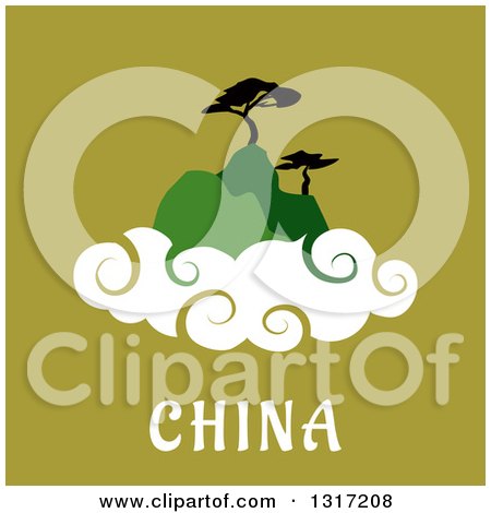 Clipart of a Flat Design of Chinese Mountains with Trees and Clouds over Text on Green - Royalty Free Vector Illustration by Vector Tradition SM