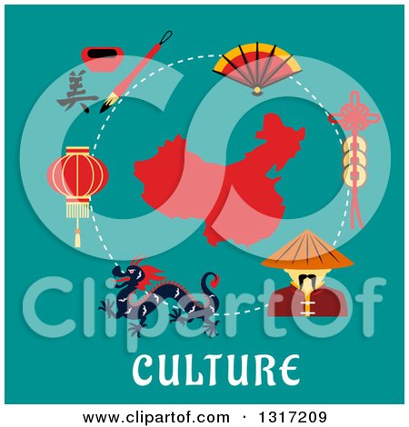 Clipart of a Flat Design of a Dragon, Chinaman, Lantern, Calligraphy, Fan Around a Map of China over Text on Turquoise - Royalty Free Vector Illustration by Vector Tradition SM