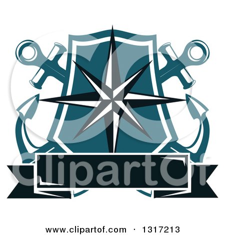 Clipart of a Nautical Star Shield with Crossed Anchors and a Blank Banner - Royalty Free Vector Illustration by Vector Tradition SM