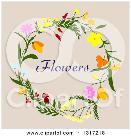 Clipart of a Wreath Made of Flowers with Text on Beige 3 - Royalty Free Vector Illustration by Vector Tradition SM