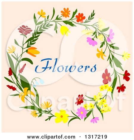 Clipart of a Wreath Made of Flowers with Text on Beige - Royalty Free Vector Illustration by Vector Tradition SM