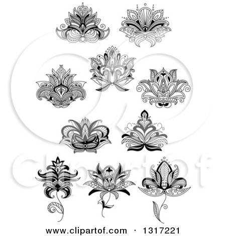 Clipart of Black and White Henna and Lotus Flowers 13 - Royalty Free Vector Illustration by Vector Tradition SM