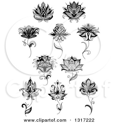 Clipart of Black and White Henna and Lotus Flowers 12 - Royalty Free Vector Illustration by Vector Tradition SM
