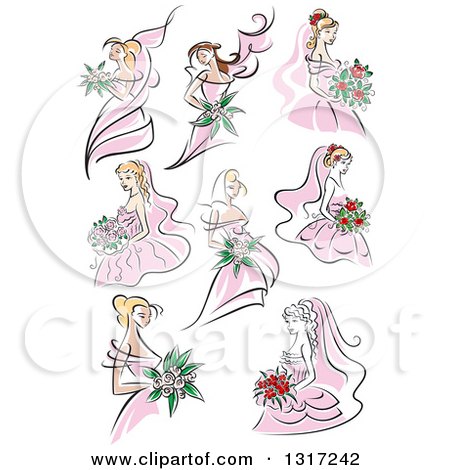 Clipart of Sketched Caucasian Brides in Pink Dresses, Holding Bouquets of Flowers - Royalty Free Vector Illustration by Vector Tradition SM