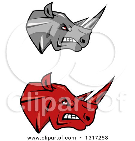 Clipart of Cartoon Angry Red and Gray Rhinoceros Heads in Profile 3 - Royalty Free Vector Illustration by Vector Tradition SM